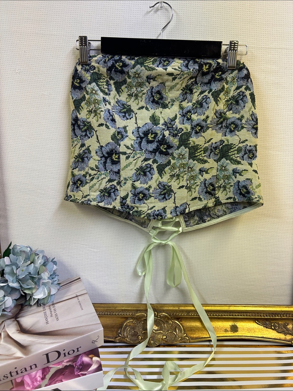 Cider Pale Green and Blue Floral Brocade Bustier Corset Top | L